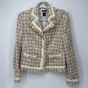 Grace Elements Jacket Blazer Womens 10 Brown‎ Floral Tweed Long Sleeve Frayed